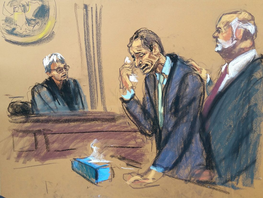 Anthony Weiner weeps in court (Courtroom sketch by Jane Rosenberg)